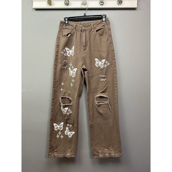 Shein High Rise Ripped Butterfly Jeans Womens Size‎ 6 Brown Distressed Relaxed - Picture 1 of 10